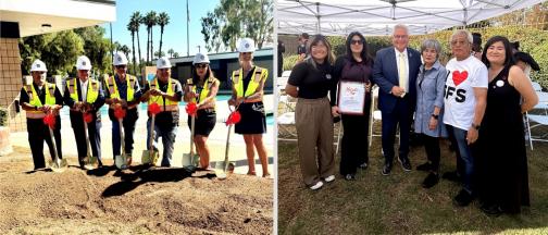 Senator Bob Archuleta is pictures (left) with Santa Fe Springs City Council and the family (right) of Paul T. Nakamura at the groundbreaking of the regional aquatic center named in his memory.