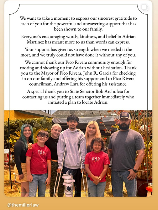 Senator Archuleta’s office is acknowledged for their assistance in the release of U.S. citizen, Adrian Martinez, from ICE custody in a social media post from the Martinez family’s lawyers.